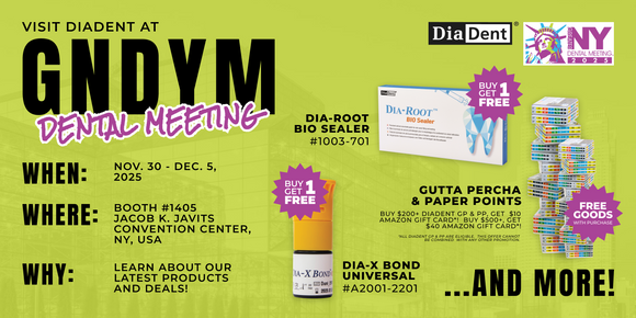 Advertisement for DiaDent at GNDYM Dental Meeting with product images and promotional text on a green background.